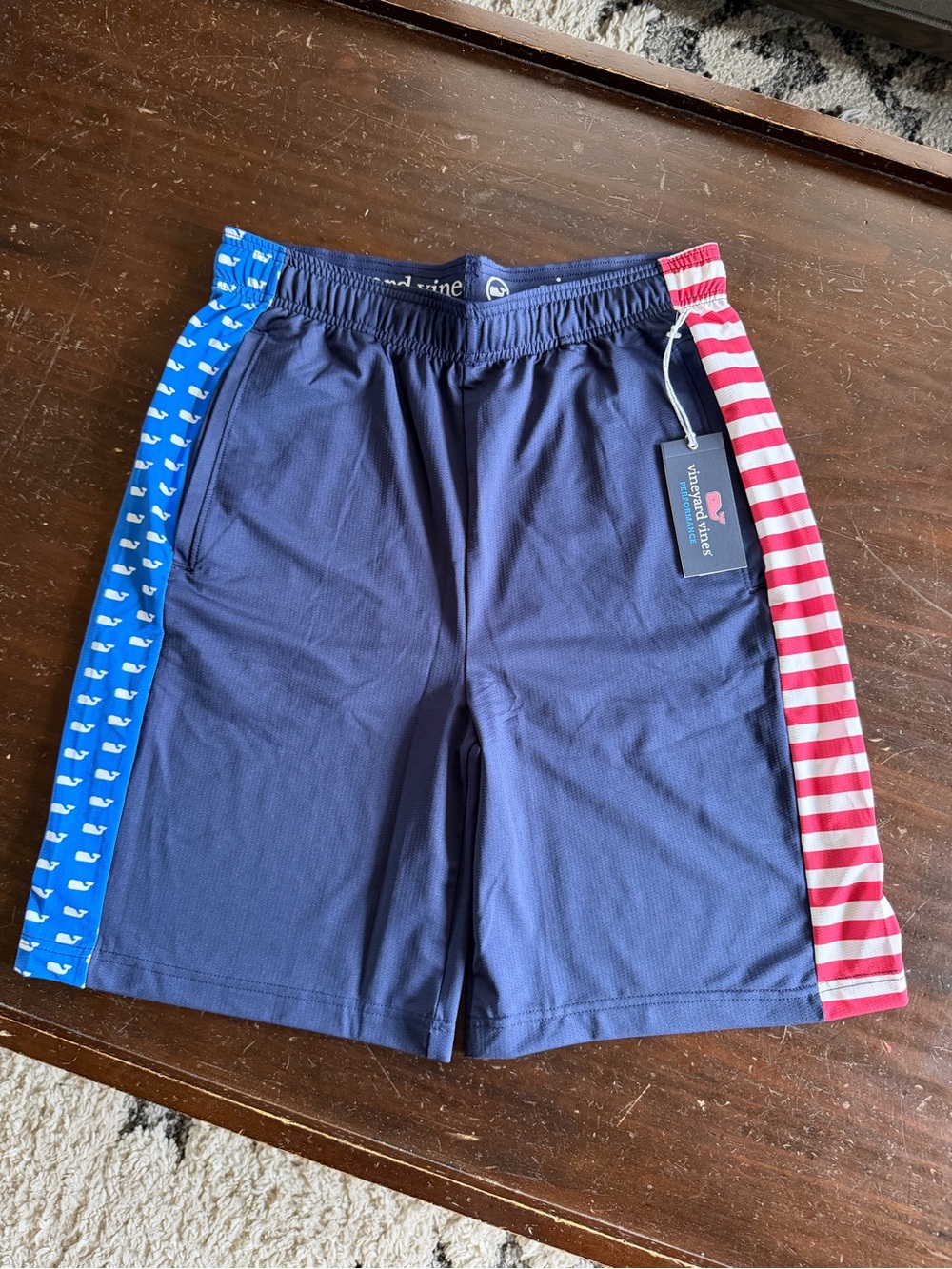Vineyard Vines Navy Athletic Shorts with Blue Whale and Red-White Stripe Panels